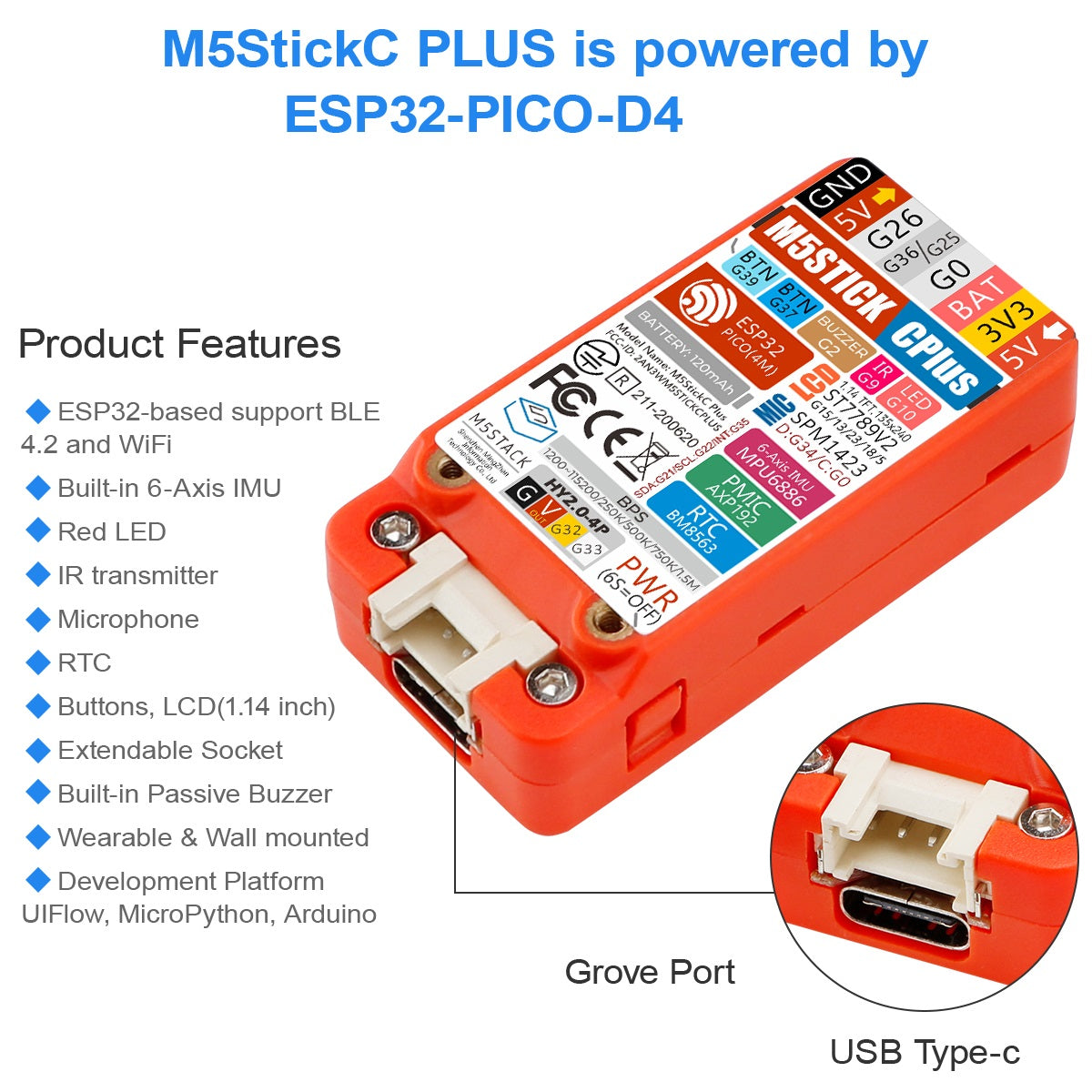 Official M5Stack M5StickC PLUS ESP32-PICO Mini IoT Development Kit BLE and  WiFi Bigger Screen IoT Controller - AliExpress