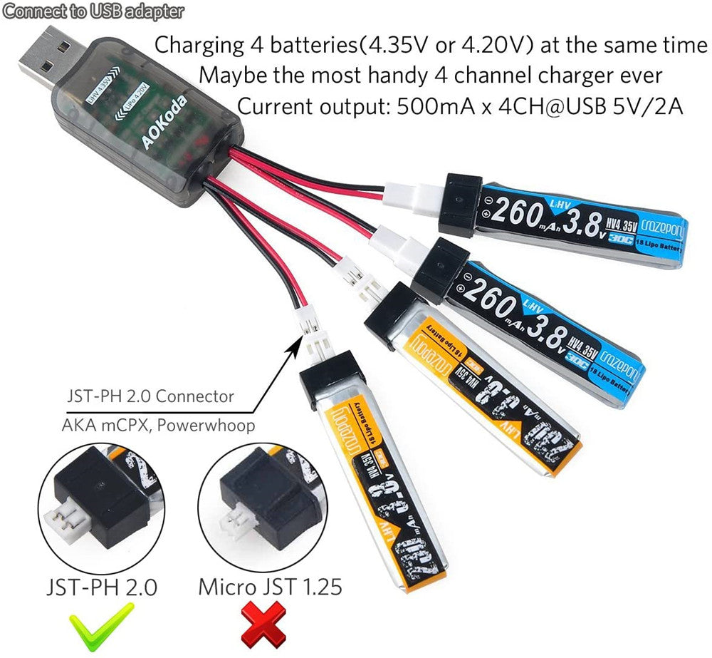 Chargeur USB LiPo 1S 6 Canaux - Pour Batteries 3.7V Avec Connecteurs JST
