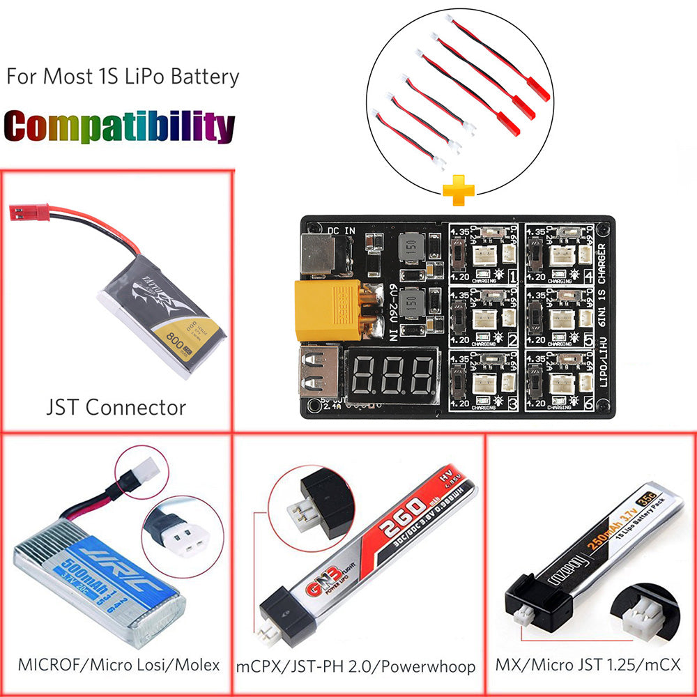 Upgrade 1S LiPo Battery USB 3.8V/4.35V Charger 6 Channel 1S LiHV
