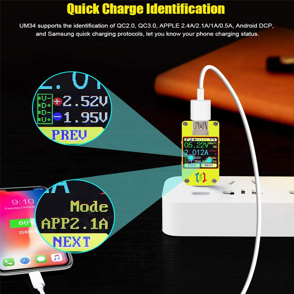 Testeur USB HEMOTON UM34C Bluetooth - Voltmètre Ampèremètre LCD Couleur 1.44" USB 3.0 Type-C