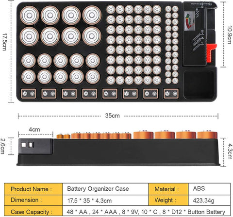 Battery Organizer Storage Case holds 110 Different Size Batteries Slot for AAA, AA, 9V, C, D